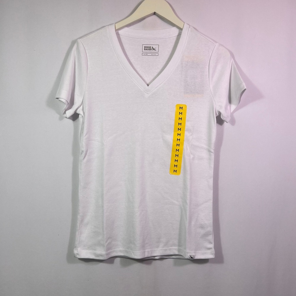 Eddie Bauer Womens Medium White V-Neck Tee Short Sleeve Cotton Blend Shirt